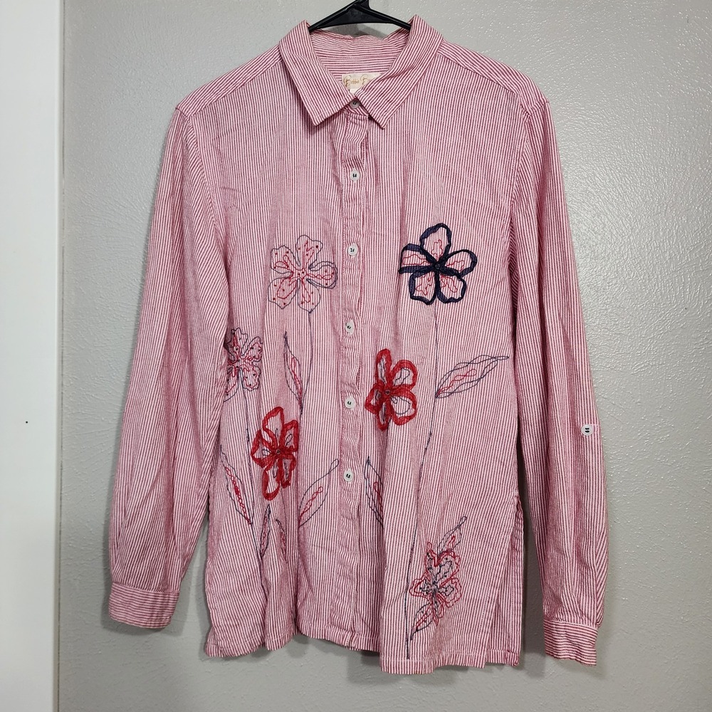 Bobbie Brooks Shirt Women Medium Button Up Top Red Stripe Floral Cottage Coastal